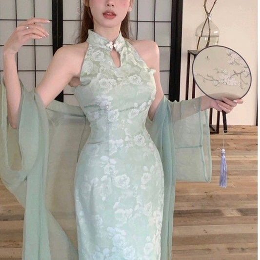 Damen Abendkleid Hochkragen Floralmuster Eveloria - Eveloria