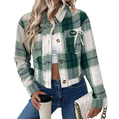Damen Cropped Bluse Karo Nostalgisch Knöpfe Eveloria
