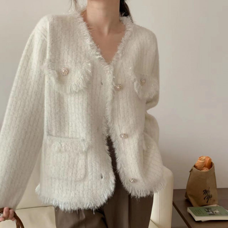 Damen Strickjacke mit Perlen Dekor und Fransen Details