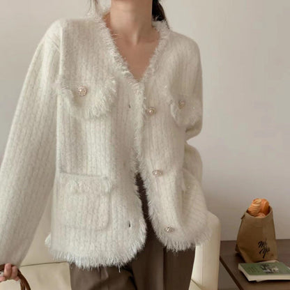 Damen Strickjacke mit Perlen Dekor und Fransen Details
