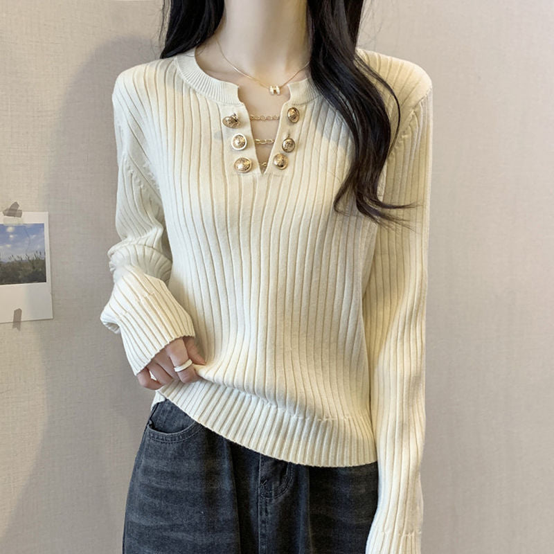 Damen Rippstrickpullover Dekorative Knöpfe Eveloria
