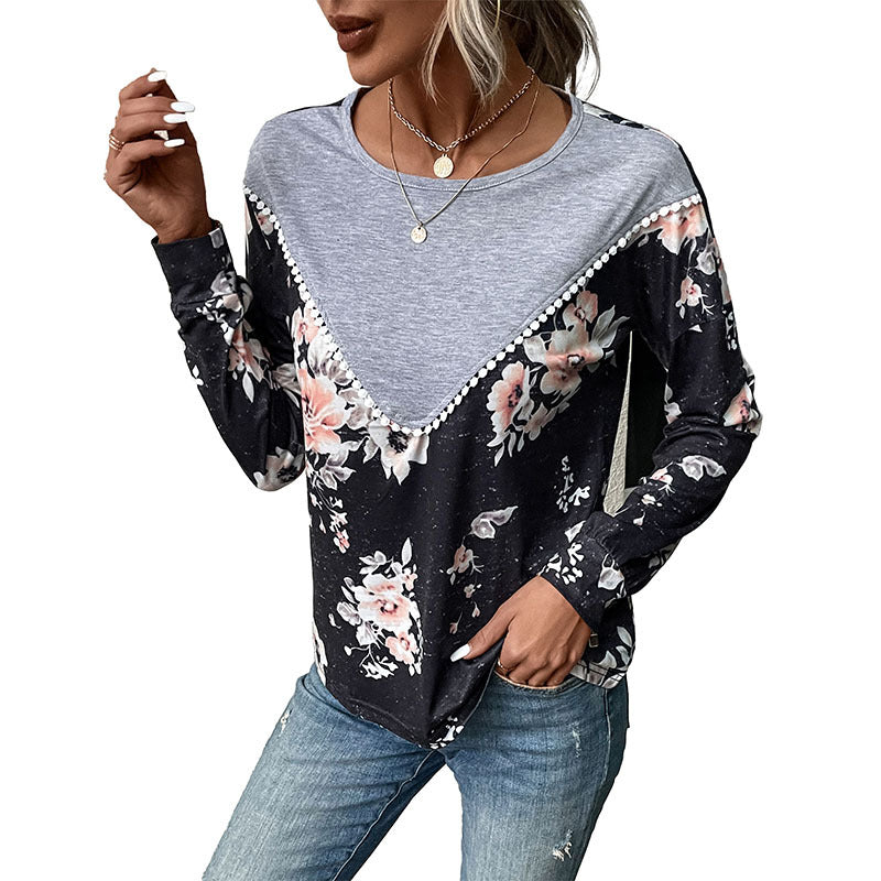 Damen Sweatshirt Floralmuster V-Ausschnitt Rüschen Elegant