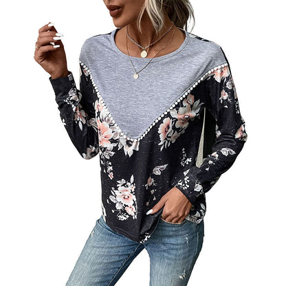 Damen Sweatshirt Floralmuster V-Ausschnitt Rüschen Elegant