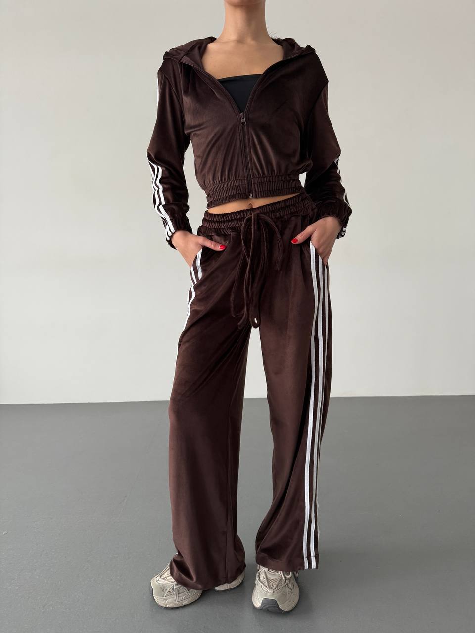 Damen Fleece Sportanzug Cropped Jacke Weite Hose