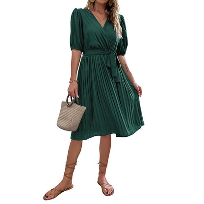 Damen Wickelkleid Voluminöse Ärmel Faltenrock Elegantes Design