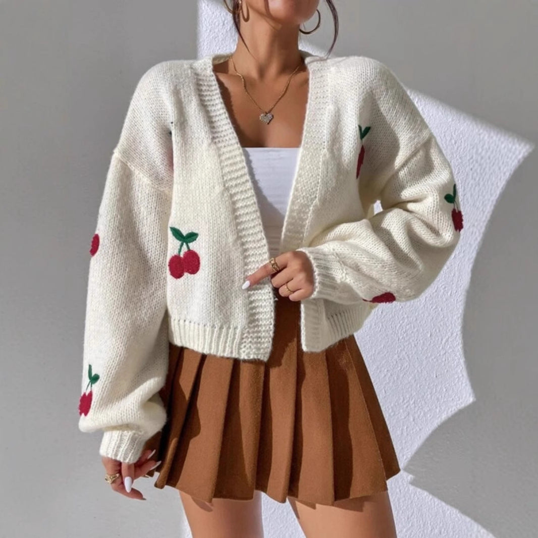Damen Strickjacke Florales Kirschmuster - Eveloria