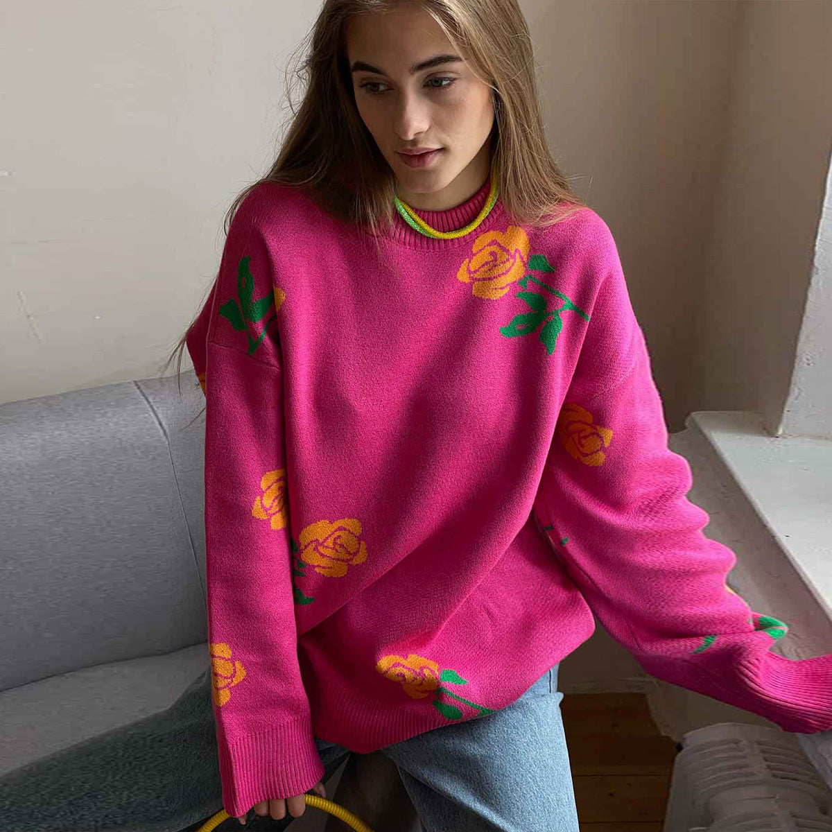 Damen Strickpullover Florales Design Lockere Passform