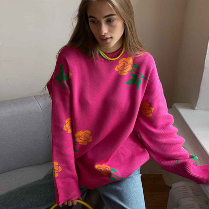 Damen Strickpullover Florales Design Lockere Passform