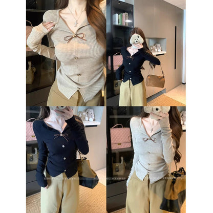 Damen Strickbluse mit Bindeband Dekorativ Elegante