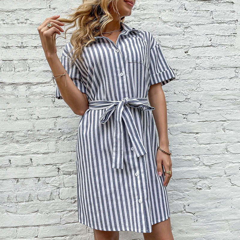 Damen Hemdblusenkleid mit Gürtel Streifenmuster Eveloria