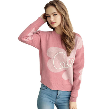 Damen Strickpullover Weich Florales Design Beige
