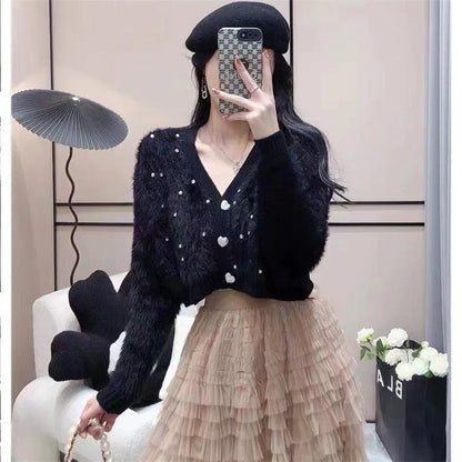 Damen Flauschige Strickjacke Funkelnde Details Moderner Schnitt