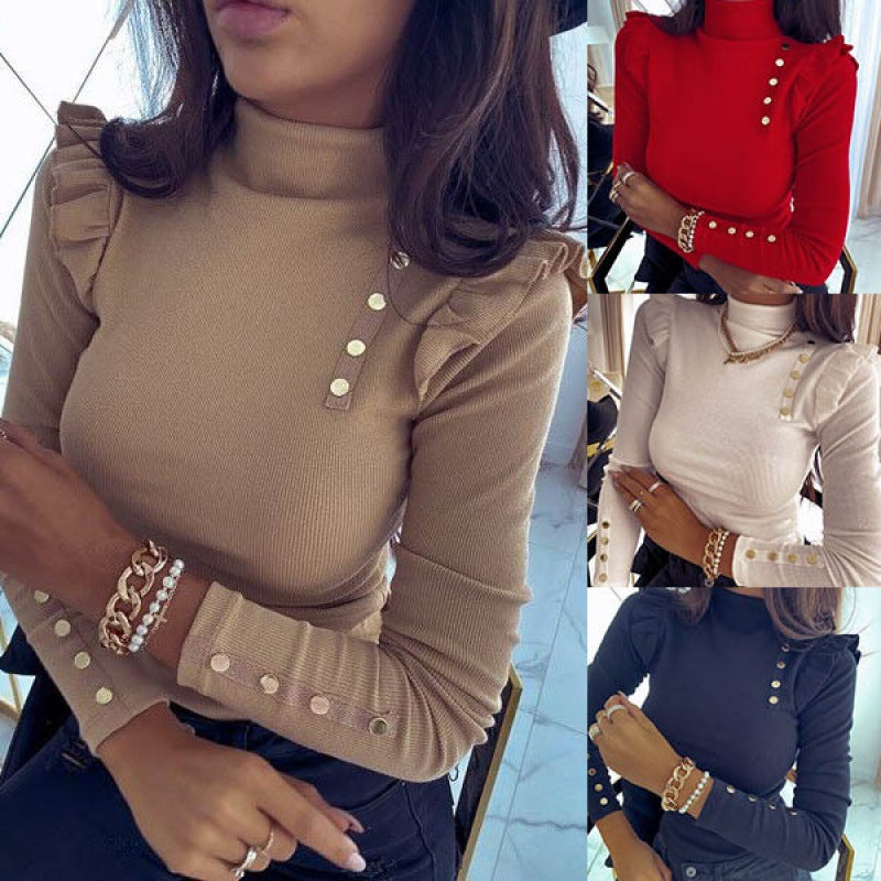 Damen Langarmshirt mit Rüschendetails und Knöpfen Schwarz - Eveloria