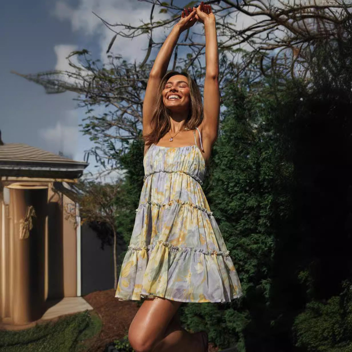 Damen Sommerkleid Luftig Rüschen Spaghetti-Träger Eveloria