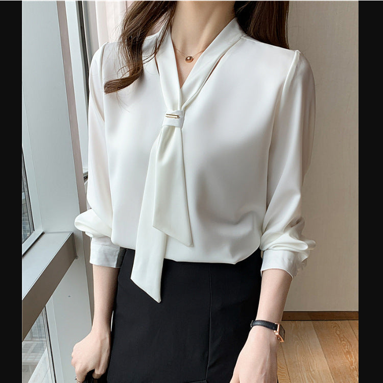 Damen Bluse Seidenfinish Eleganter Schlaufenkragen