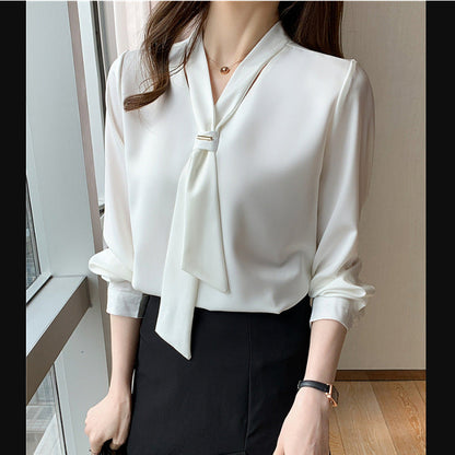 Damen Bluse Seidenfinish Eleganter Schlaufenkragen