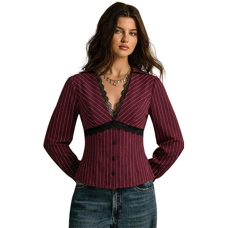 Damen Blusenshirt Spitzen- und Streifenmuster Eveloria