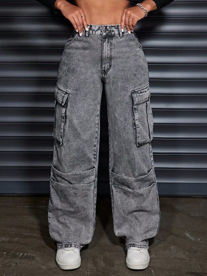 Damen Cargo-Jeans Hoher Bund Praktische Seitentaschen Blau Eveloria