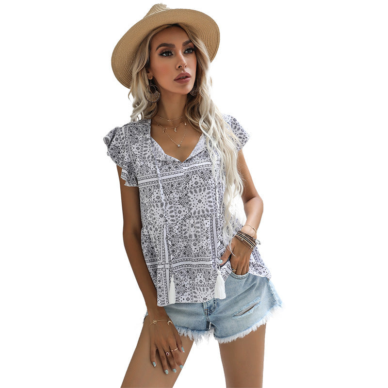 Damen Blusentop Rüschendetails verspieltes Muster Eveloria