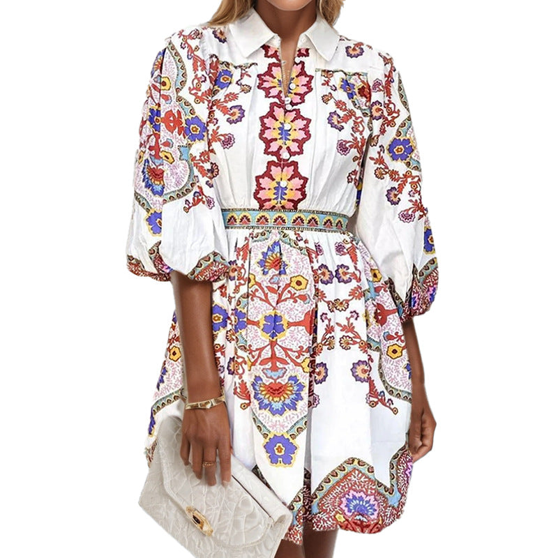 Damen Blusenkleid Floralmuster Geraffte Ärmel Eveloria