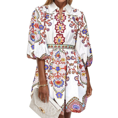 Damen Blusenkleid Floralmuster Geraffte Ärmel Eveloria