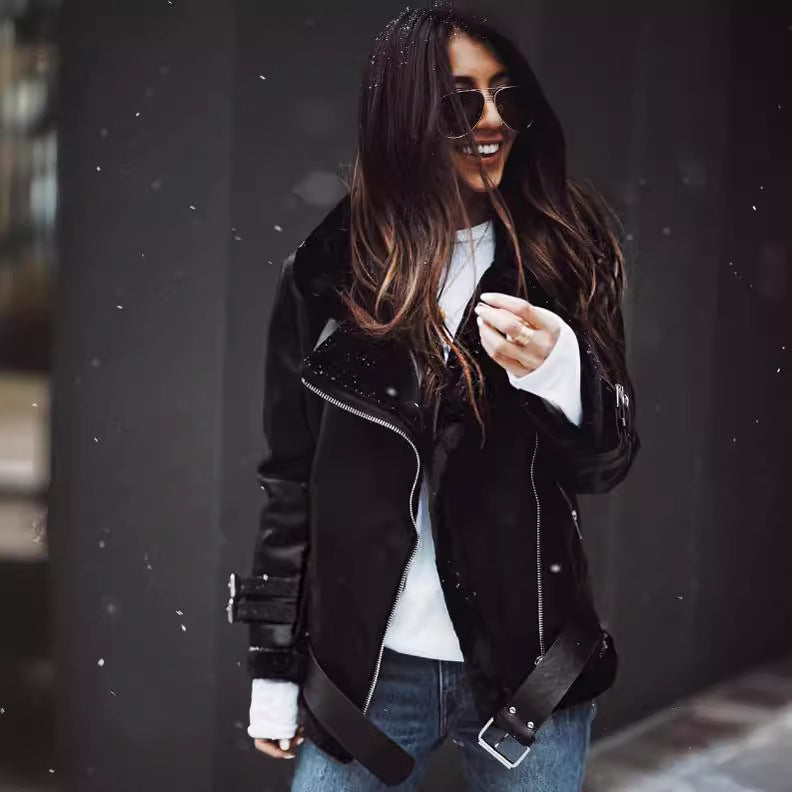Damen Kunstlederjacke Abnehmbares Innenfutter Schwarz Eveloria - Eveloria