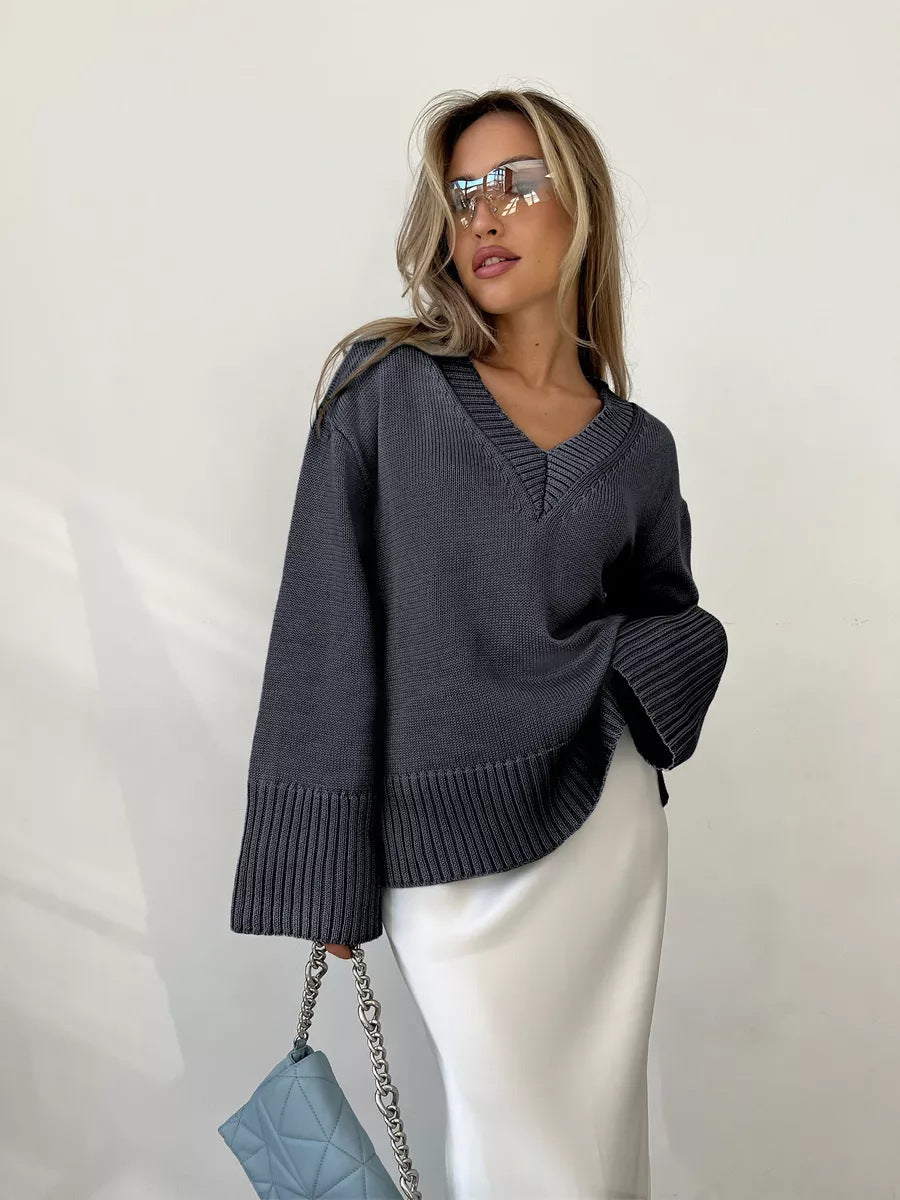 Damen Strickpullover V-Ausschnitt Lässig Eveloria