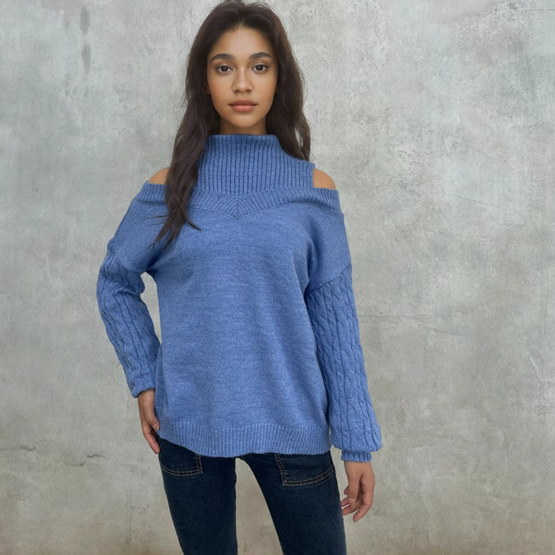 Damen Pullover Schulterfrei Zopfmuster Eveloria