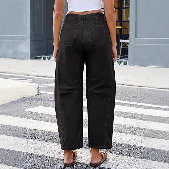Damen Weite Jeans Hochtaillig Mit Taschen Blau Eveloria