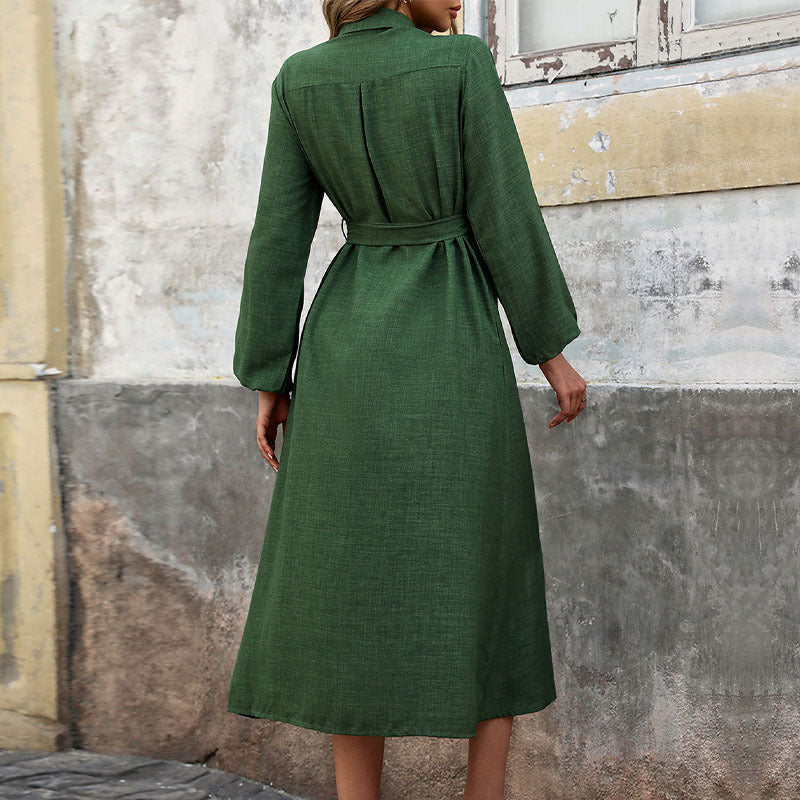 Damen Hemdblusenkleid Langarm mit Gürtel und Schlitz