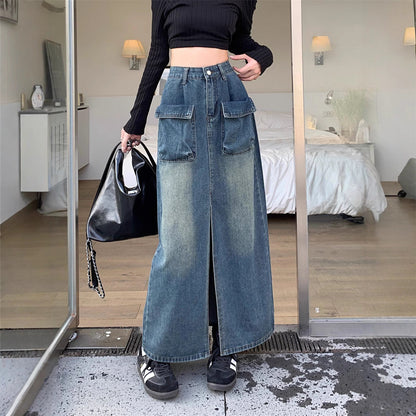 Damen Jeansrock Lang Größe Mit Taschen Schwarz Eveloria - Eveloria