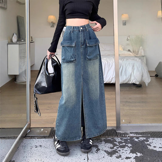 Damen Jeansrock Lang Größe Mit Taschen Schwarz Eveloria - Eveloria