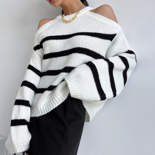 Damen Oversized Pullover Offene Schulter Streifenmuster Eveloria - Eveloria