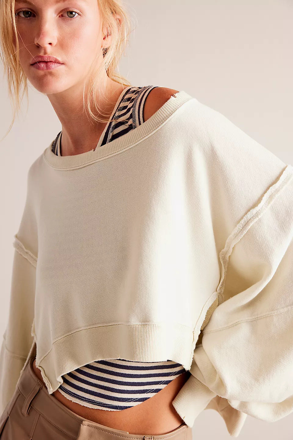 Damen Cropped Sweatpullover Weite Ärmel Grau Eveloria