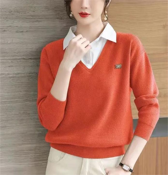 Damen Pullover V-Ausschnitt Hemdkragen Eveloria