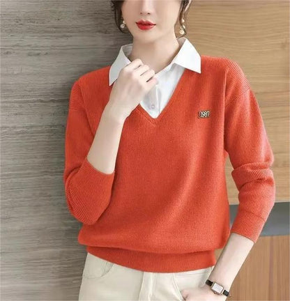 Damen Pullover V-Ausschnitt Hemdkragen Eveloria