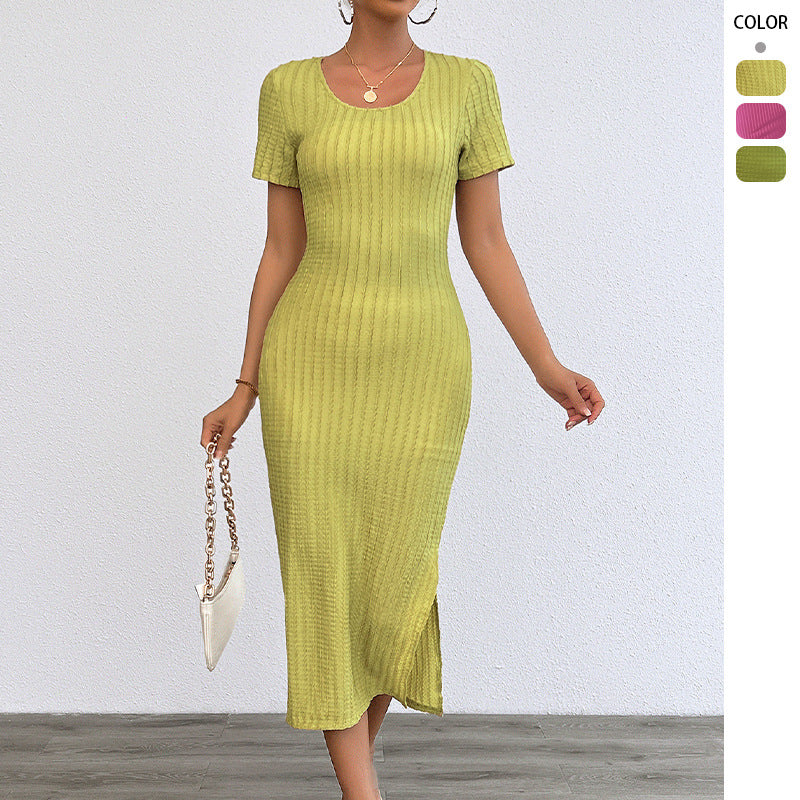 Damen Maxikleid Rippstrick Figurbetonend Kurzärmelig - Eveloria