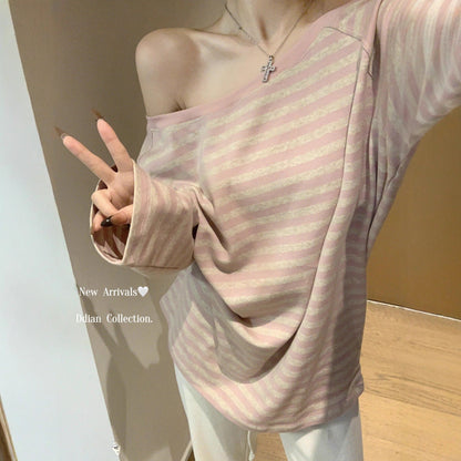 Damen Oversized Off-Shoulder Langarmshirt Streifenmuster Eveloria