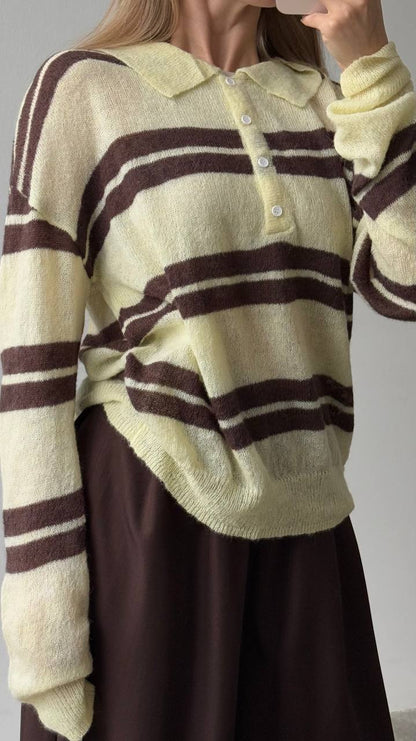 Damen Pullover Grob gestrickt Polo-Kragen Blockstreifen