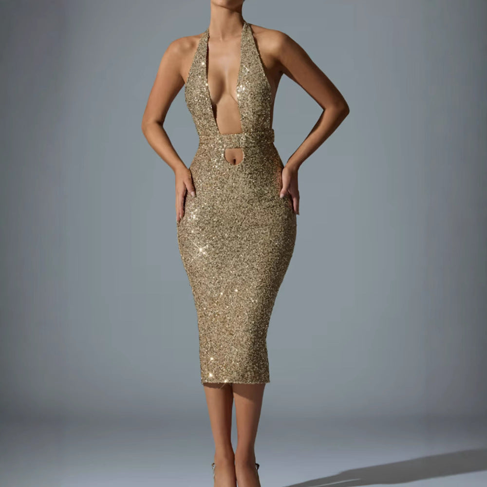 Damen Pailletten-Midi-Kleid V-Ausschnitt Figurbetonter Silhouette - Eveloria