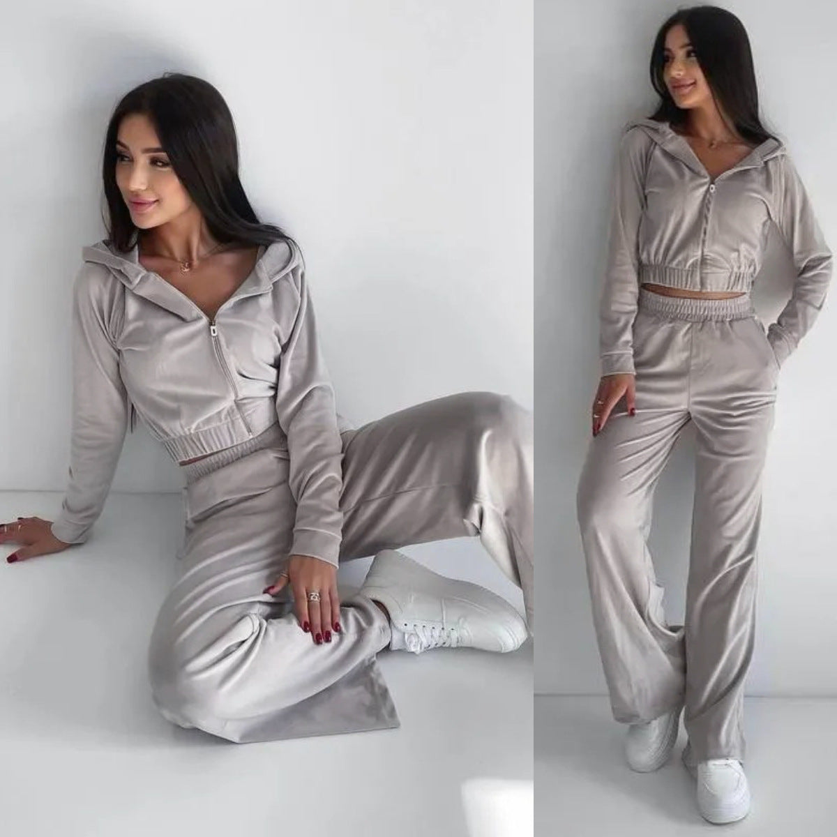 Damen Velours Loungewear Set Cropped Jacke Bequeme Hose