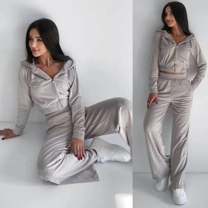 Damen Velours Loungewear Set Cropped Jacke Bequeme Hose