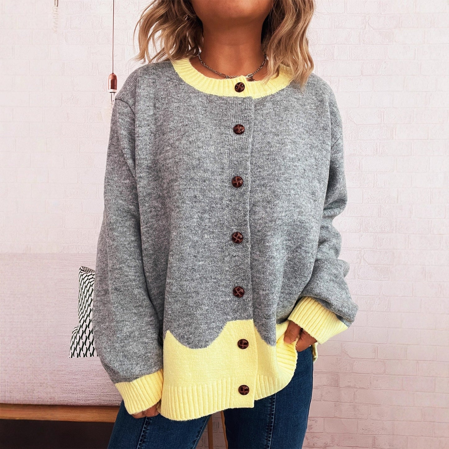 Damen Strickjacke Kuschelig Kontrastbündchen Knöpfe