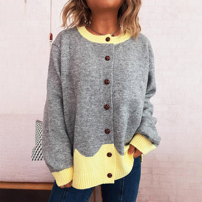 Damen Strickjacke Kuschelig Kontrastbündchen Knöpfe