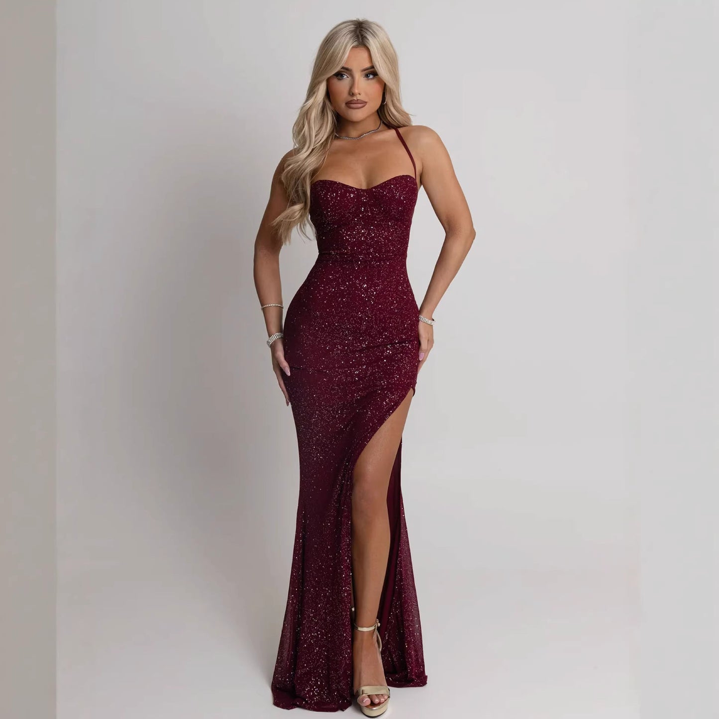 Damen Abendkleid Paillettenbesatz Schlitz Eveloria
