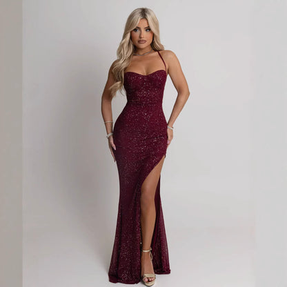 Damen Abendkleid Paillettenbesatz Schlitz Eveloria
