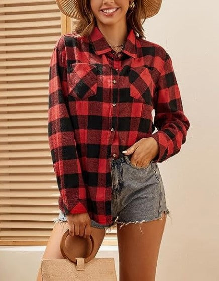 Damen Flanellbluse Kariert Mit Knotendetail