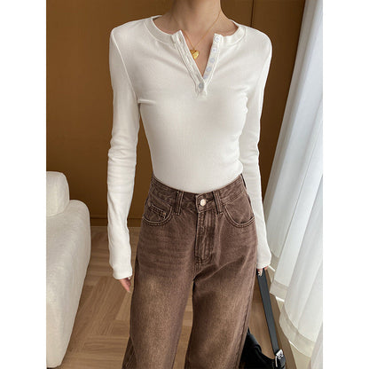 Damen Langarmshirt Knopfleiste Casual Stil Weiße Farbe Eveloria