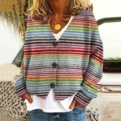 Damen Strickcardigan Bunt Streifen Knöpfe