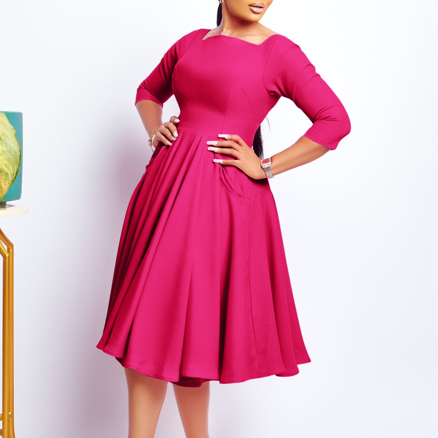 Damen A-Linien Kleid mit Ausschnitt und Taschen Eveloria